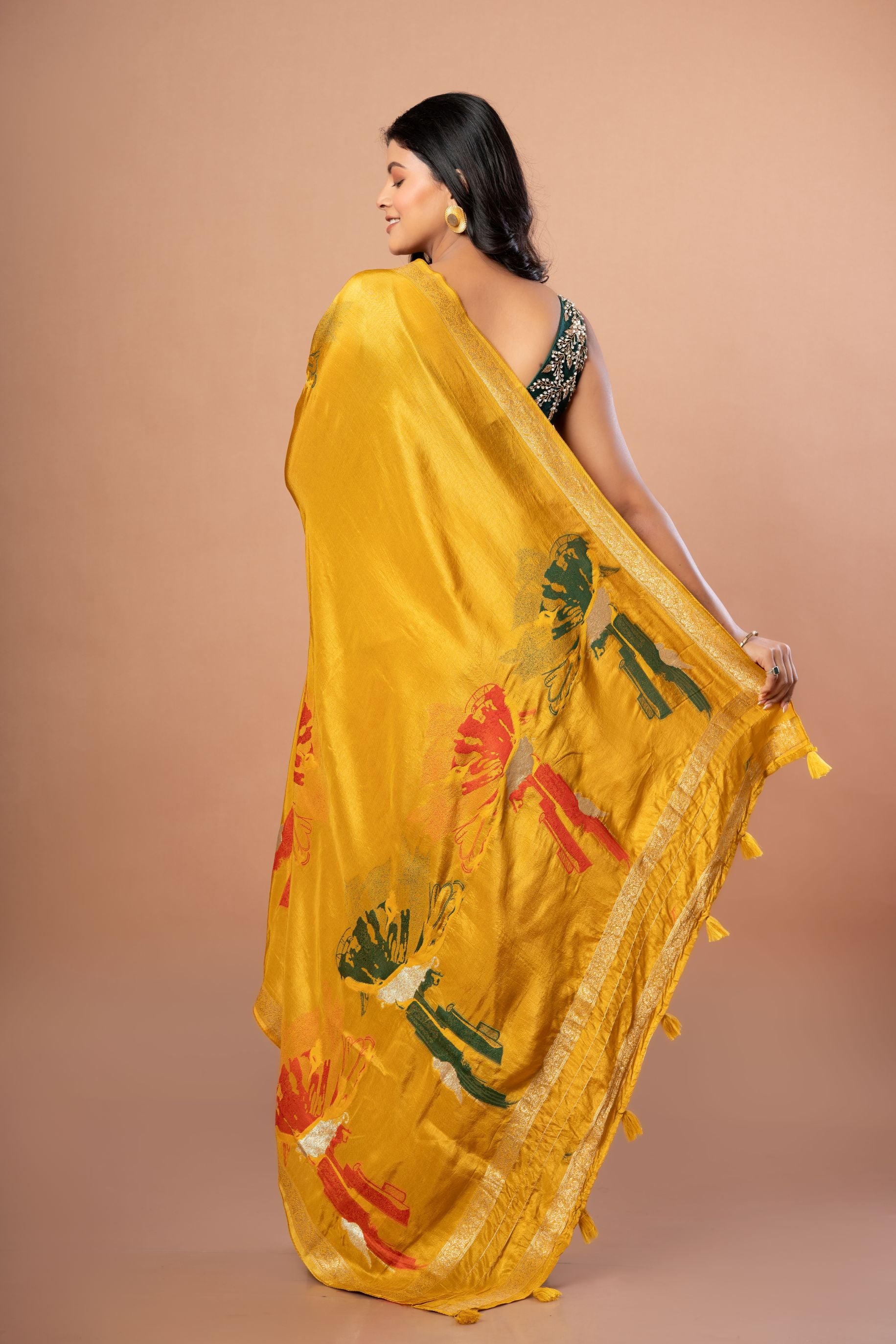 Yellow Banarasi Silk Saree with Abstract Zari Woven Back
