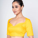 Yellow Blouse with Sweetheart Neckline, Half Sleeves & Circular Cutout - Anvi Couture