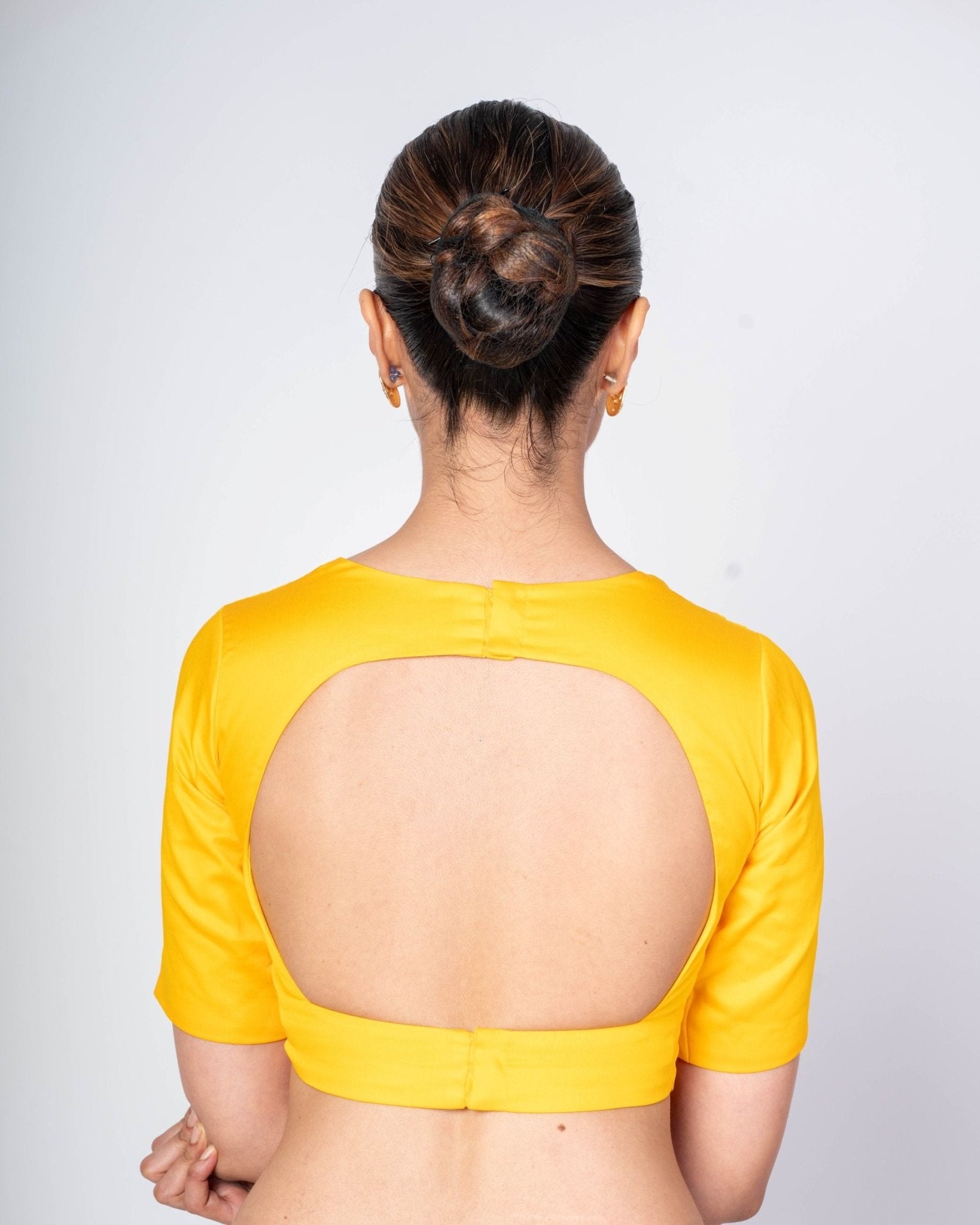 Yellow Blouse with Sweetheart Neckline, Half Sleeves & Circular Cutout - Anvi Couture