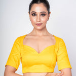 Yellow Blouse with Sweetheart Neckline, Half Sleeves & Circular Cutout - Anvi Couture