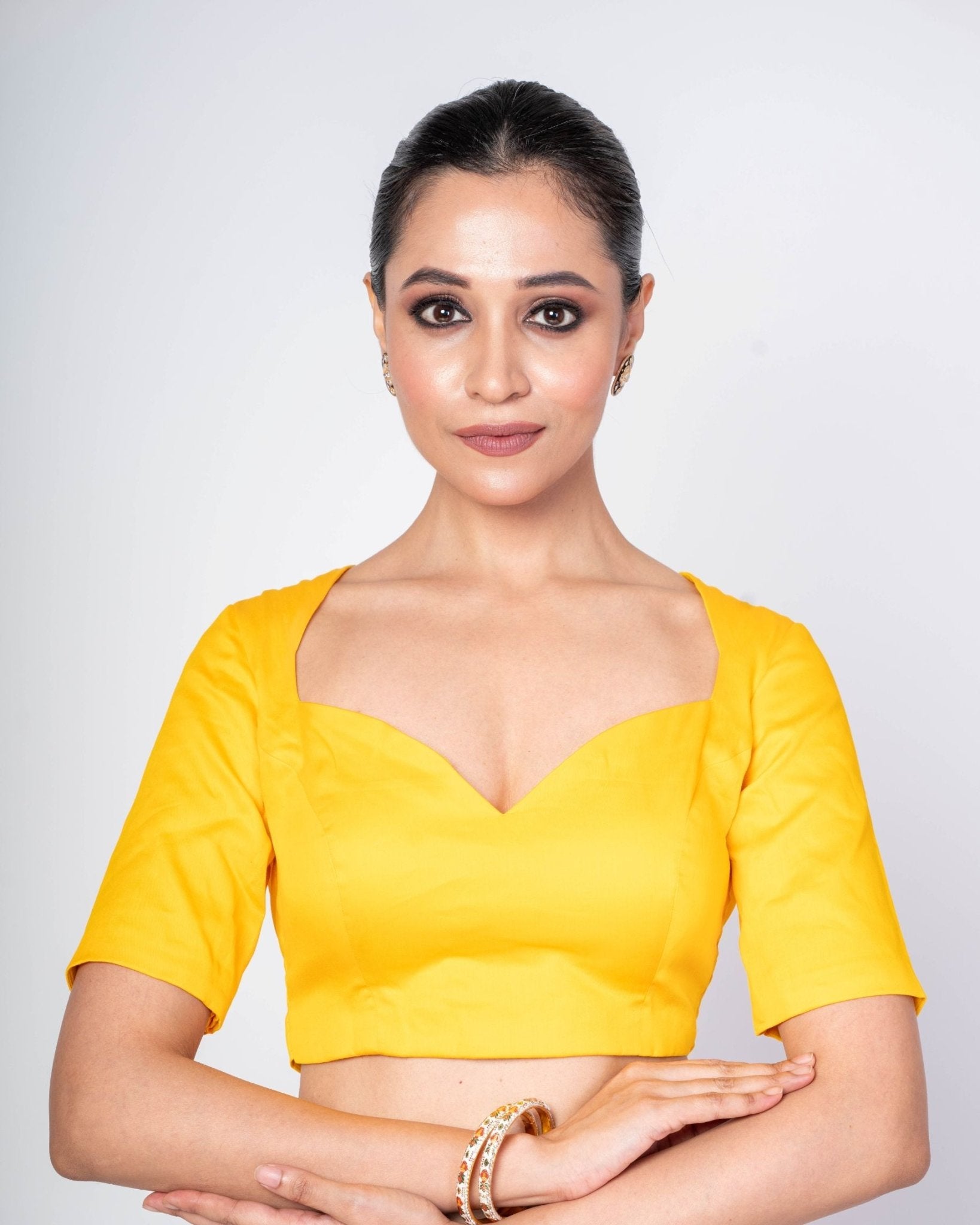 Yellow Blouse with Sweetheart Neckline, Half Sleeves & Circular Cutout - Anvi Couture