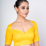 Yellow Blouse with Sweetheart Neckline, Half Sleeves & Circular Cutout - Anvi Couture