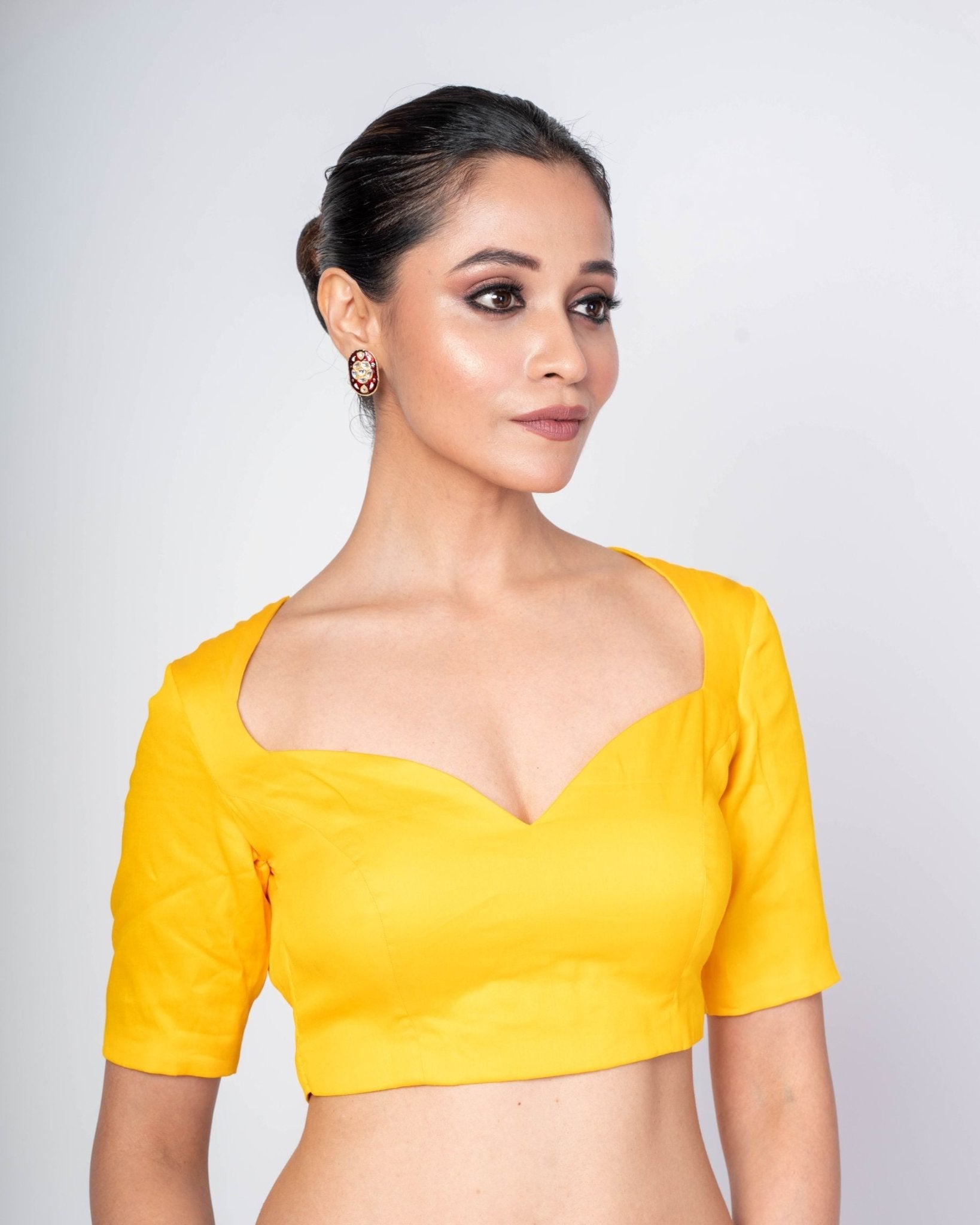 Yellow Blouse with Sweetheart Neckline, Half Sleeves & Circular Cutout - Anvi Couture
