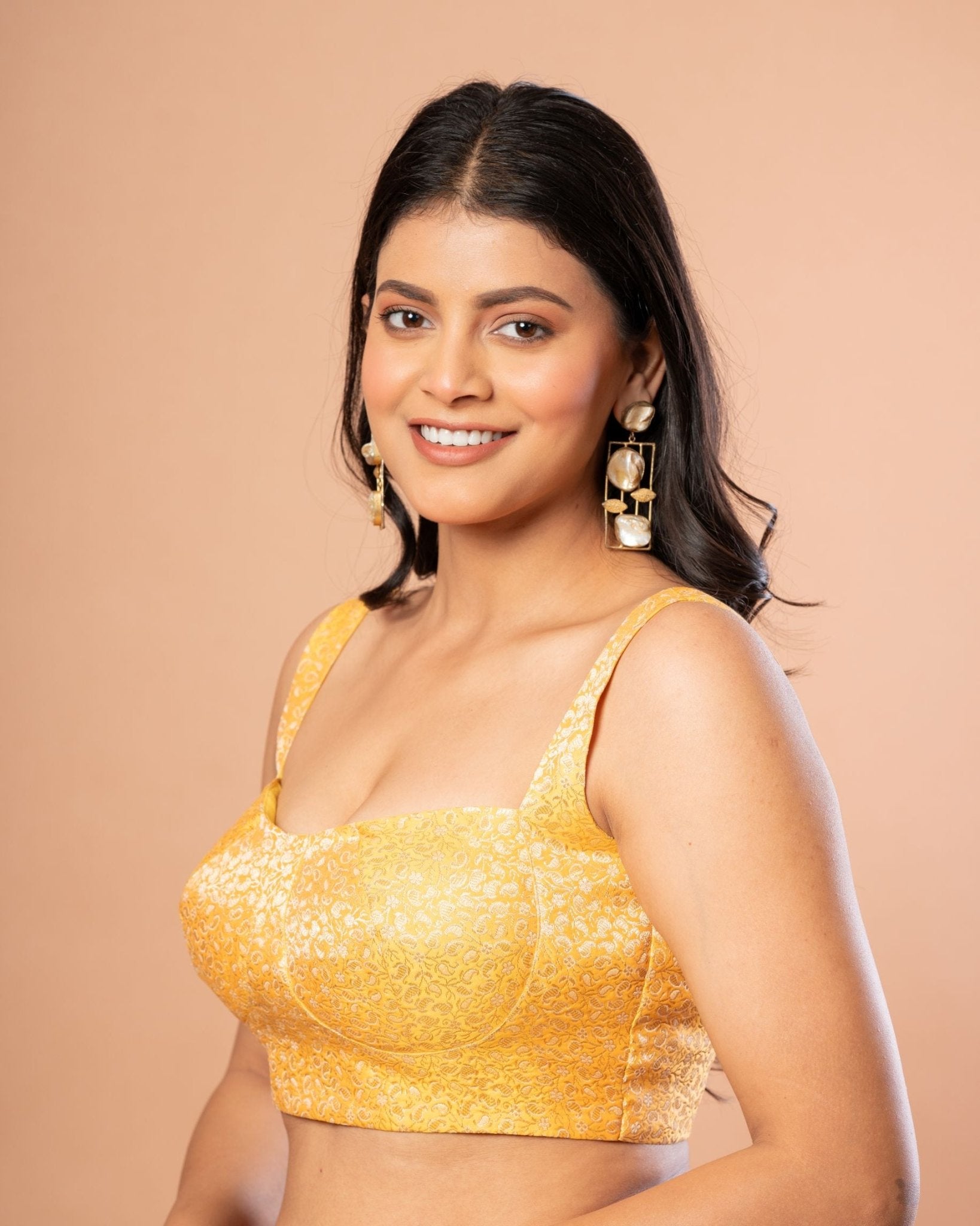 Yellow Brocade Blouse with Sleeveless Sweetheart Neckline - Anvi Couture