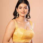 Yellow Brocade Blouse with Sleeveless Sweetheart Neckline - Anvi Couture