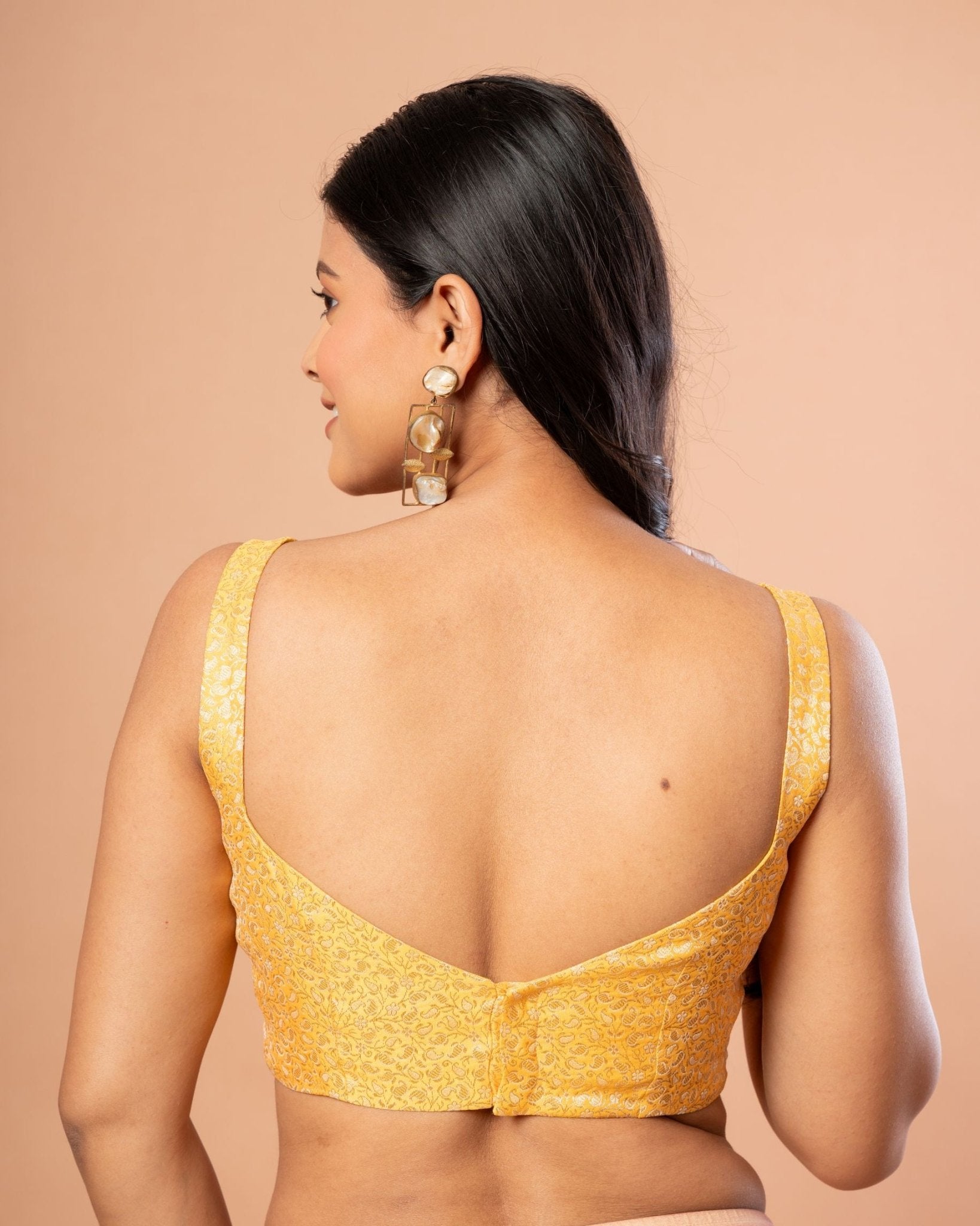 Yellow Brocade Blouse with Sleeveless Sweetheart Neckline - Anvi Couture