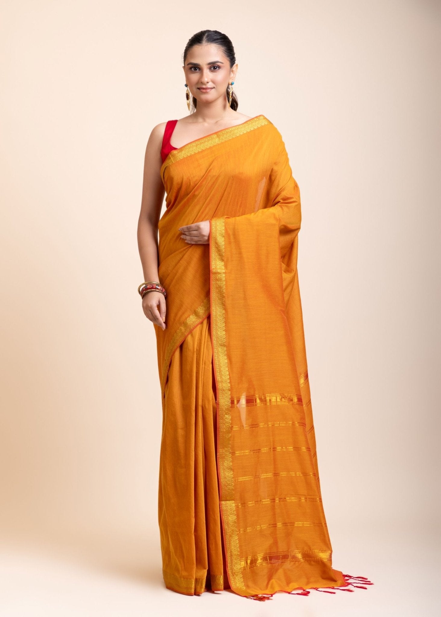 Yellow Cotton Handloom Saree with Golden Border - Anvi Couture