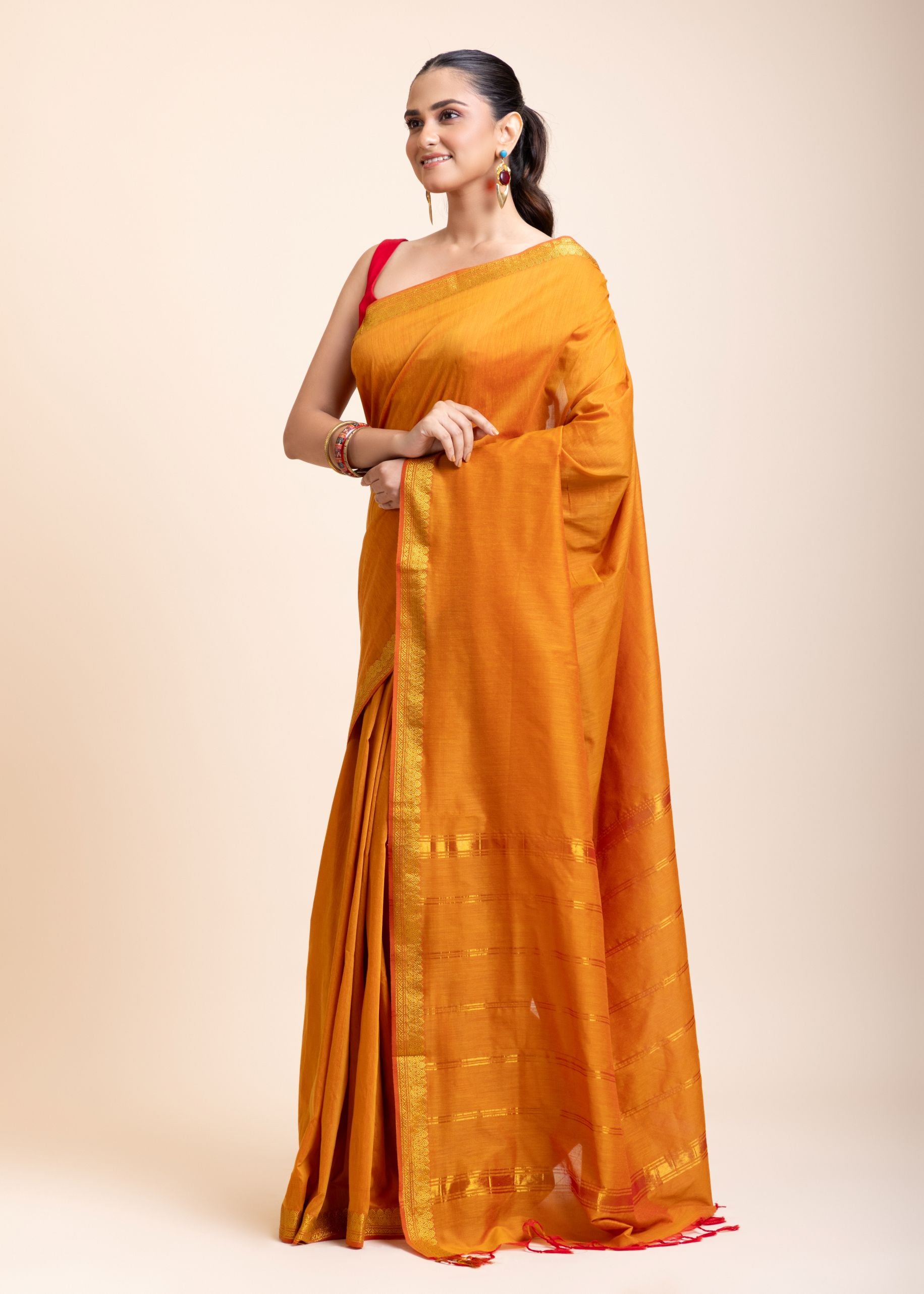 Yellow Cotton Handloom Saree with Golden Border
 side