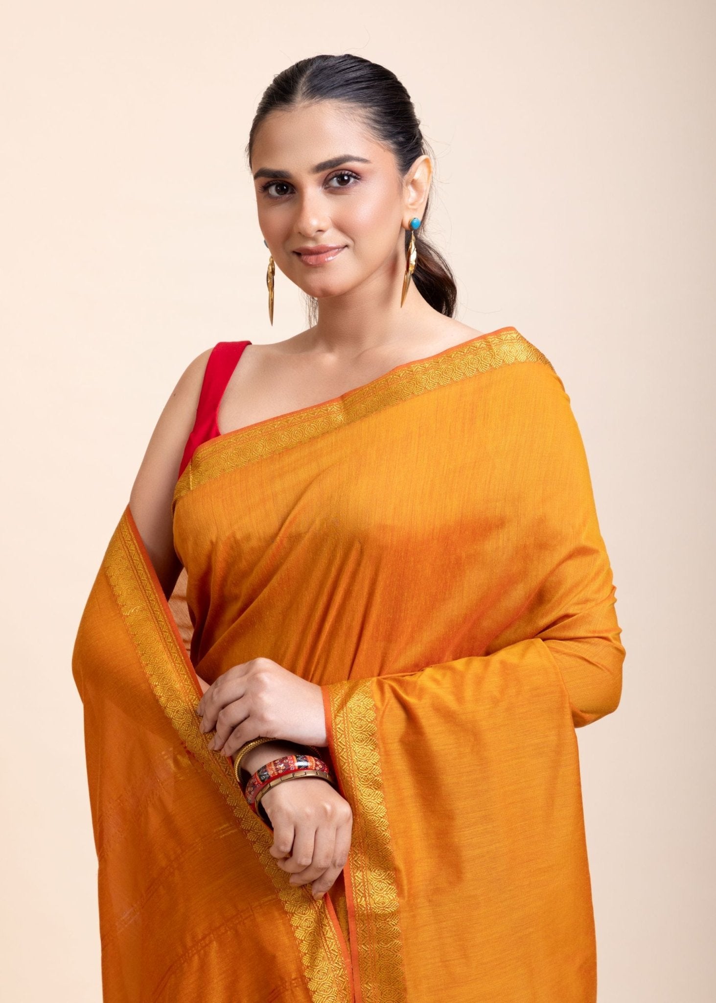 Yellow Cotton Handloom Saree with Golden Border - Anvi Couture