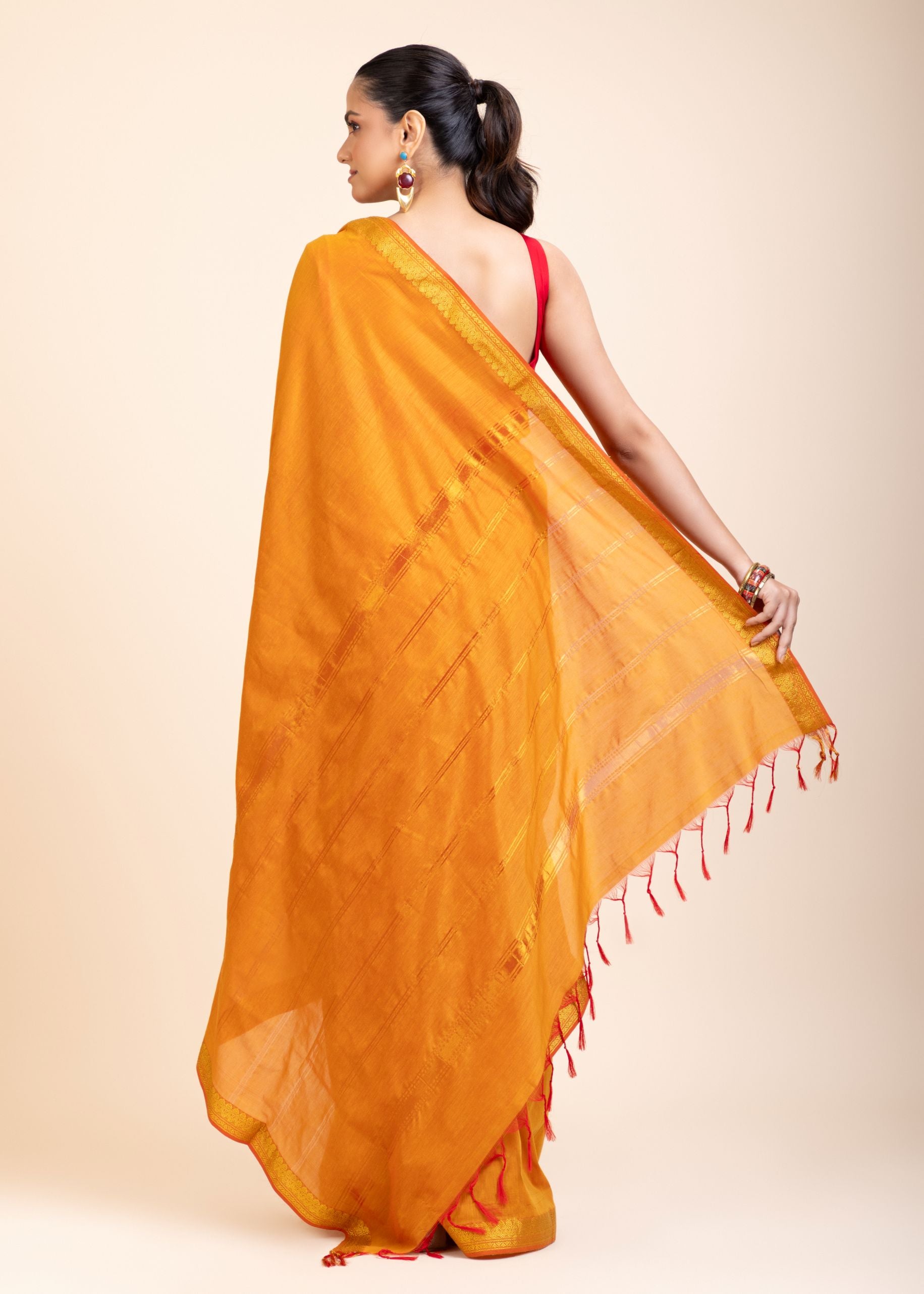 Yellow Cotton Handloom Saree with Golden Border
back