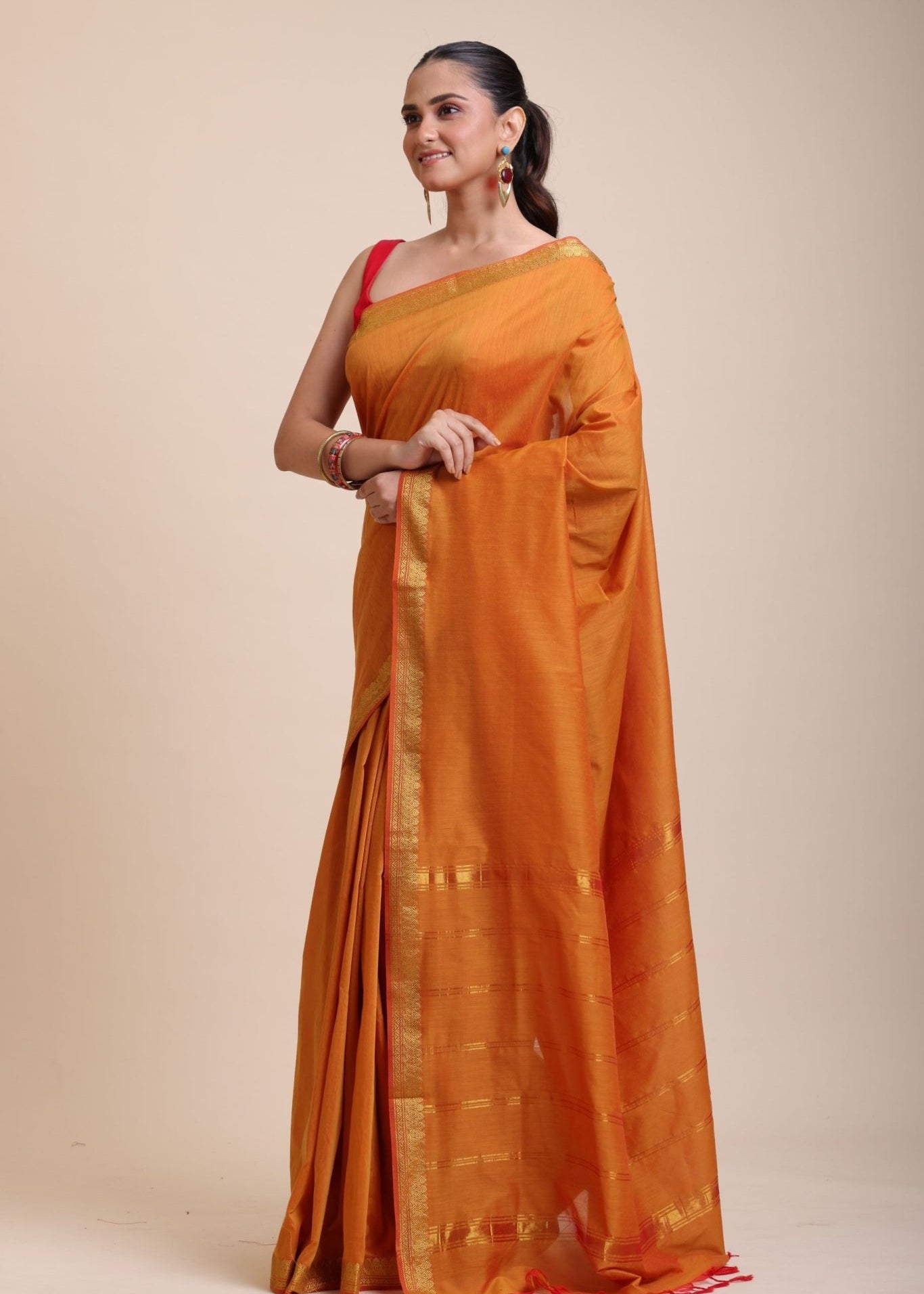Yellow Cotton Handloom Saree with Golden Border - Anvi Couture