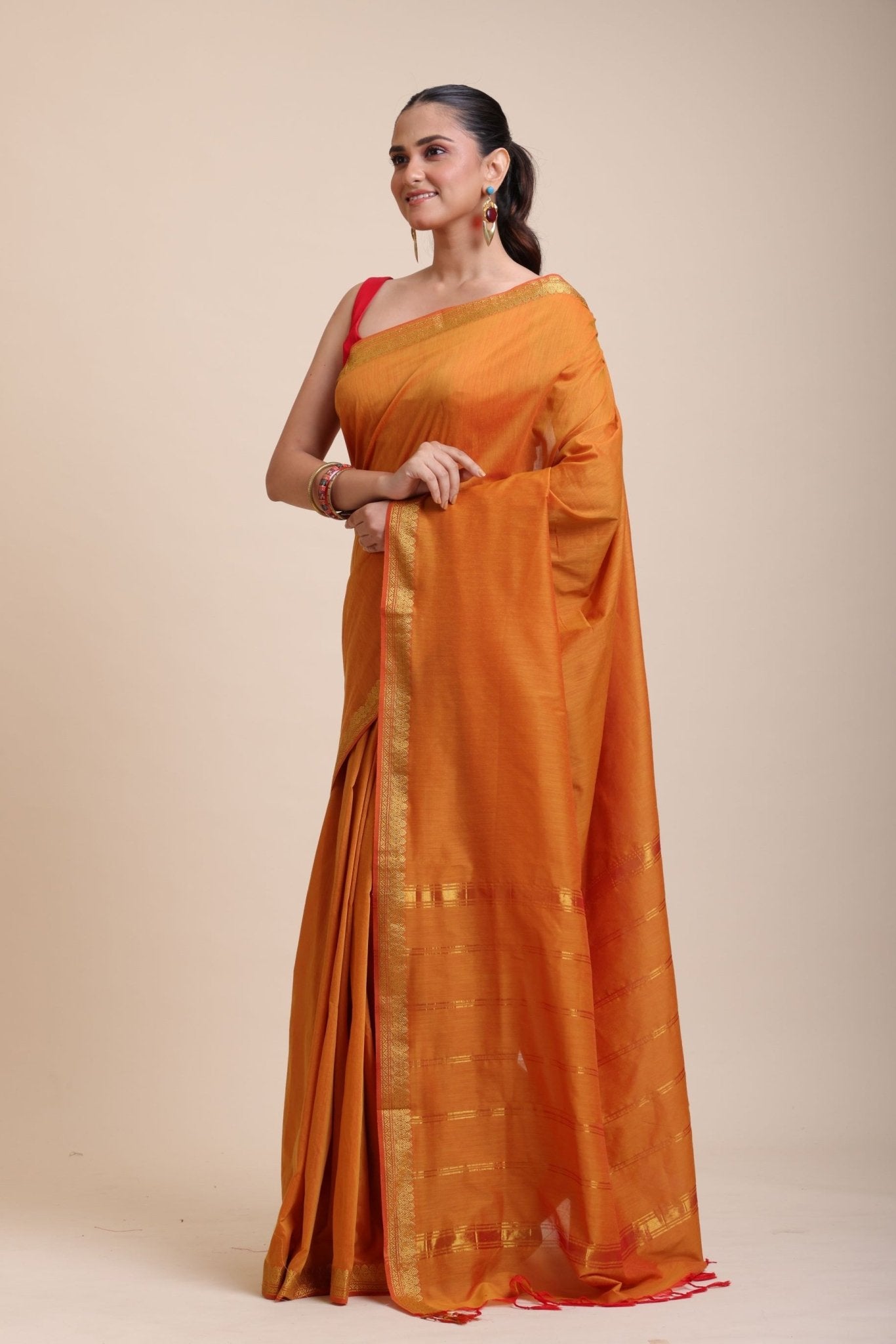 Yellow Cotton Handloom Saree with Golden Border - Anvi Couture