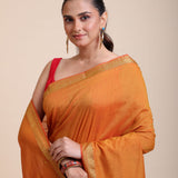 Yellow Cotton Handloom Saree with Golden Border Close Up