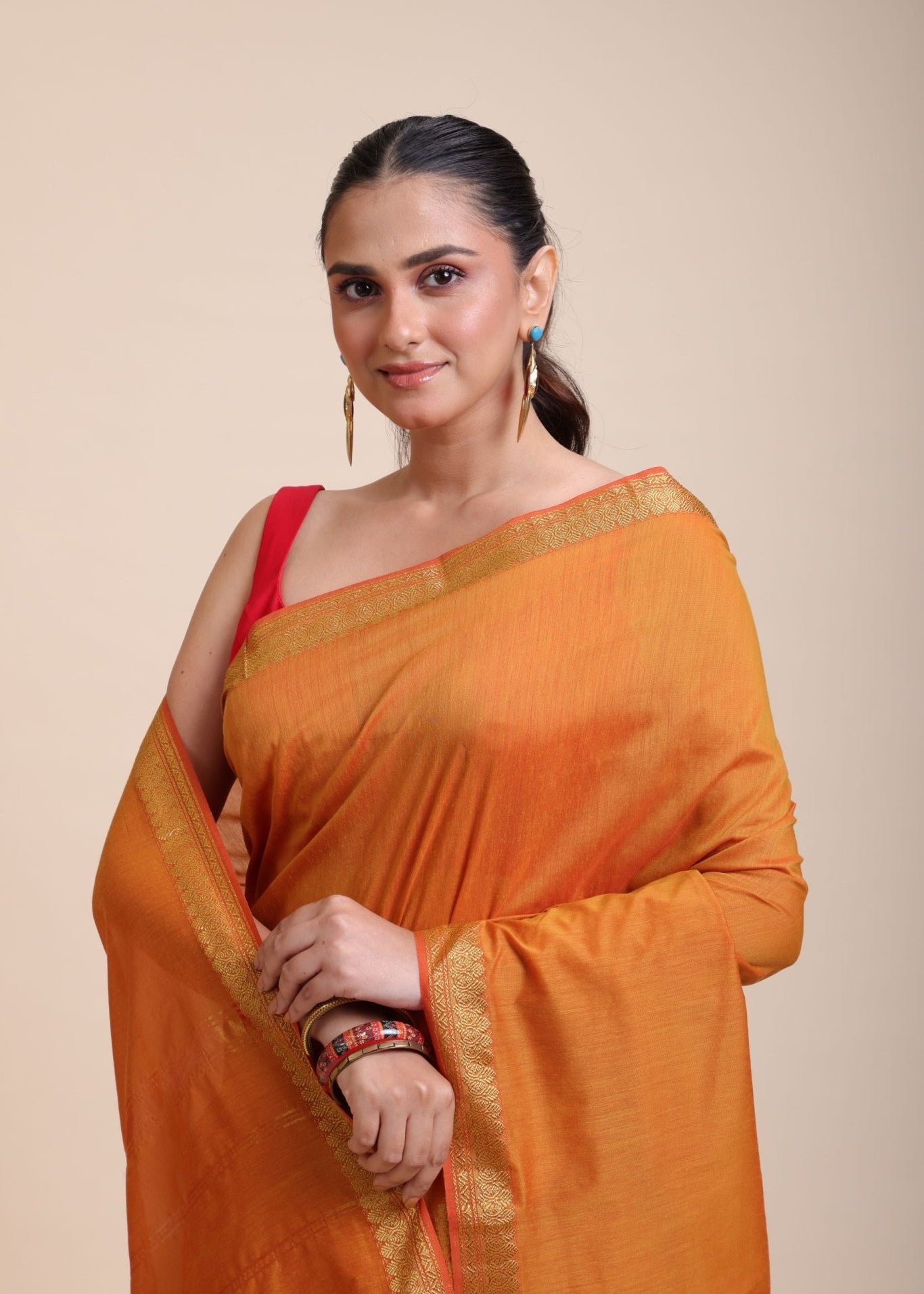 Yellow Cotton Handloom Saree with Golden Border - Anvi Couture