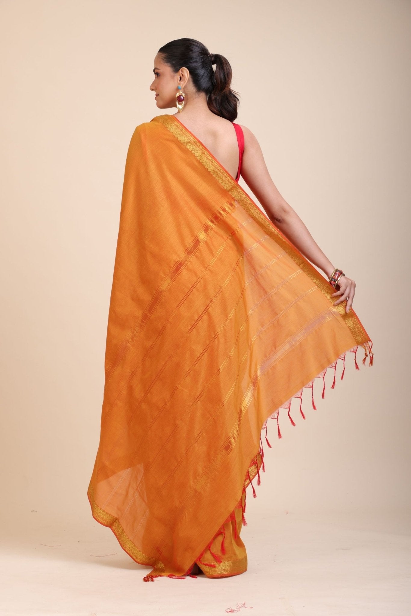 Yellow Cotton Handloom Saree with Golden Border - Anvi Couture