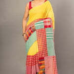 Yellow Cotton Saree with Red Multicolor Gamcha Checks - Anvi Couture