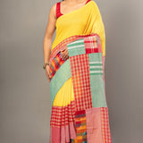 Yellow Cotton Saree with Red Multicolor Gamcha Checks - Anvi Couture