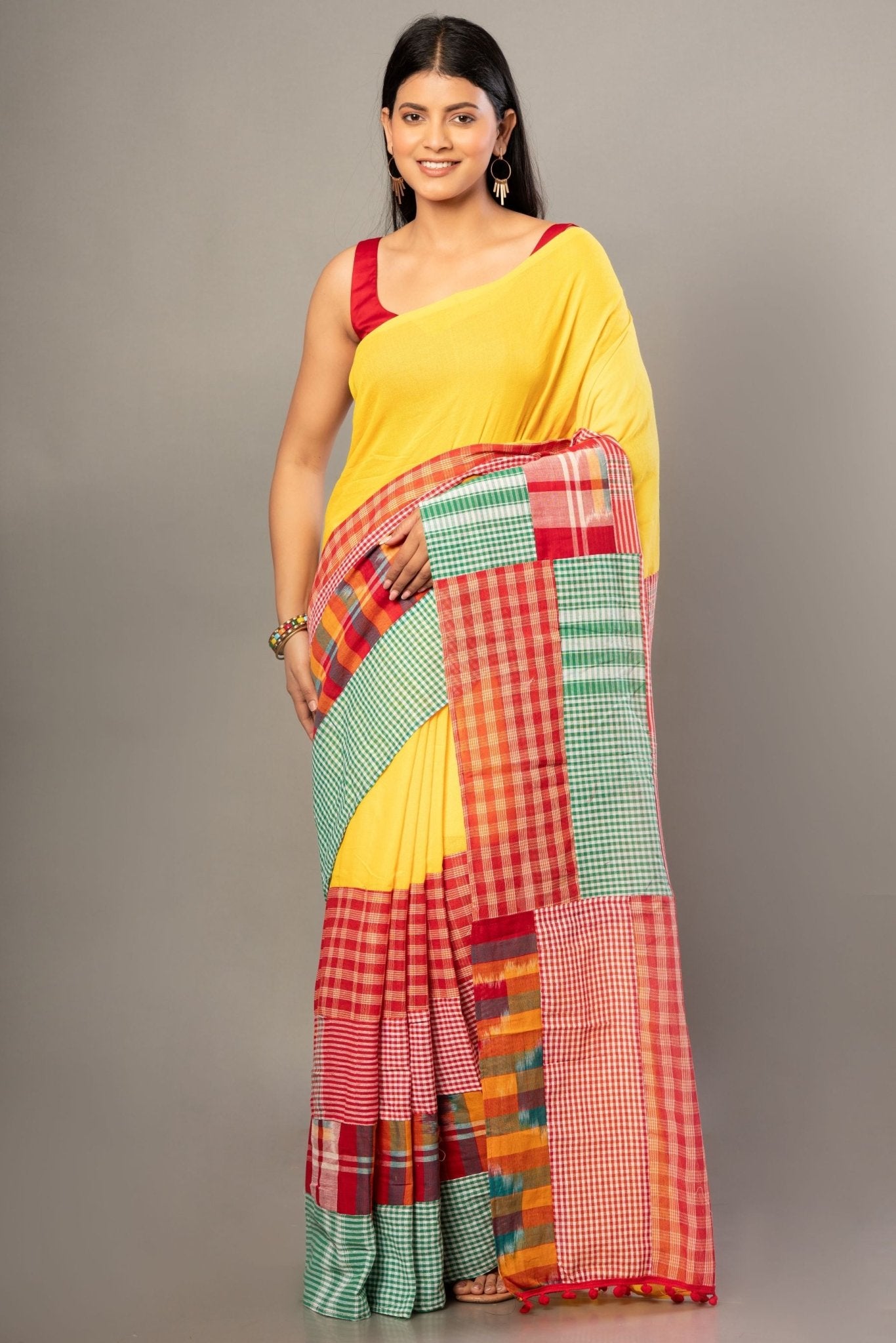 Yellow Cotton Saree with Red Multicolor Gamcha Checks - Anvi Couture