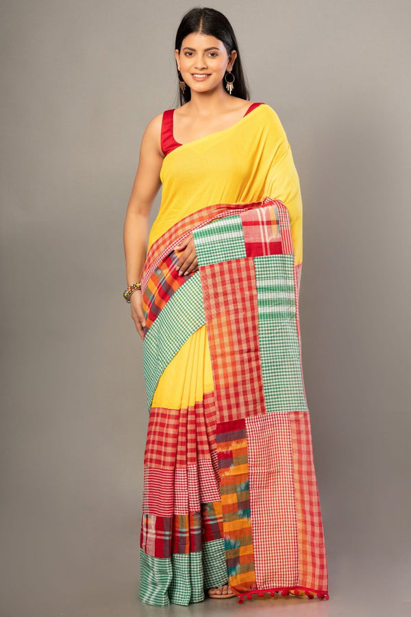 Yellow Cotton Saree with Red Multicolor Gamcha Checks - Anvi Couture