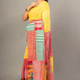 Yellow Cotton Saree with Red Multicolor Gamcha Checks - Anvi Couture