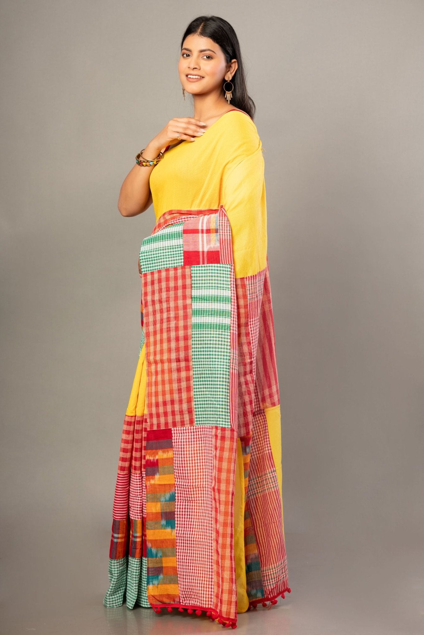 Yellow Cotton Saree with Red Multicolor Gamcha Checks - Anvi Couture
