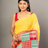 Yellow Cotton Saree with Red Multicolor Gamcha Checks - Anvi Couture