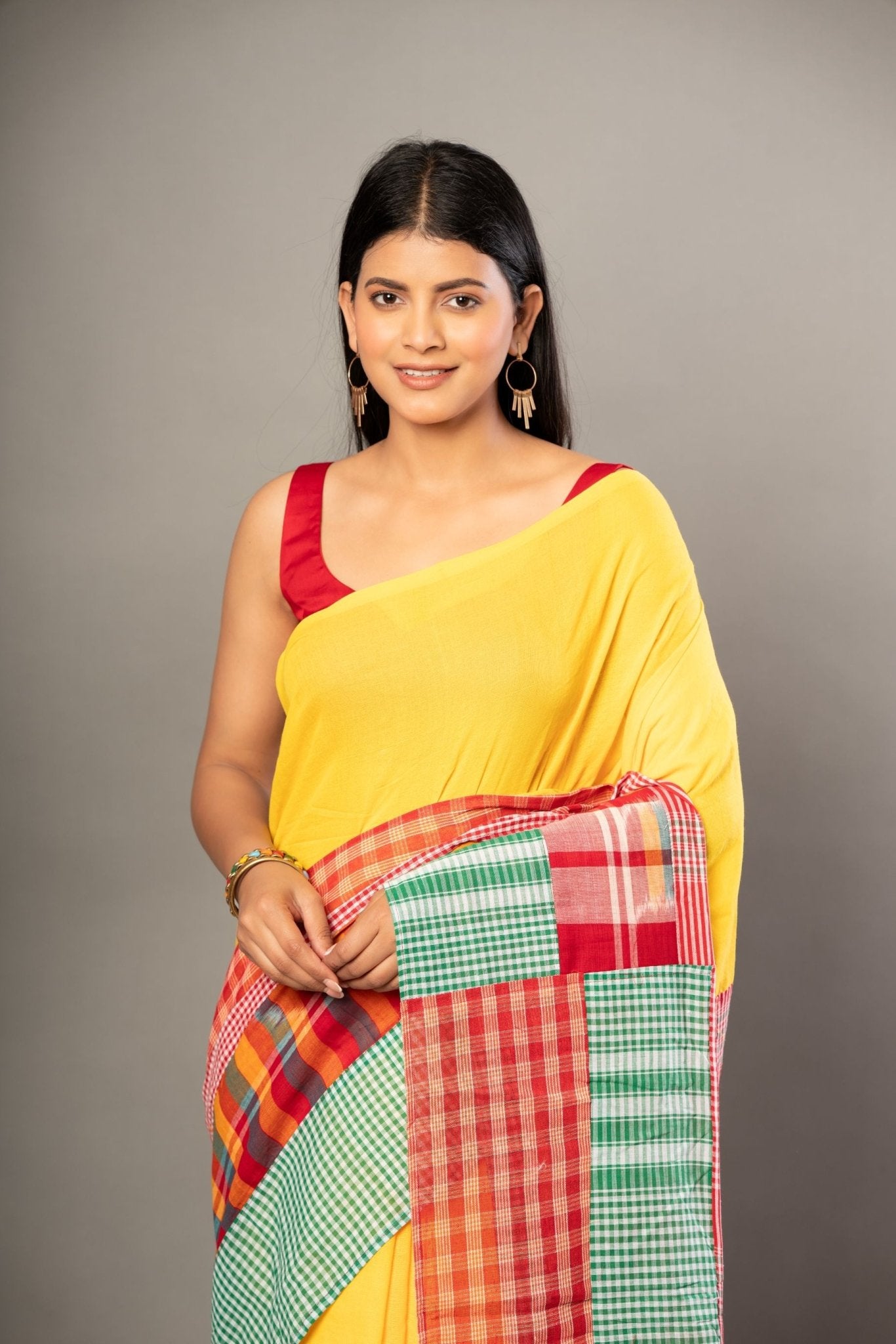 Yellow Cotton Saree with Red Multicolor Gamcha Checks - Anvi Couture