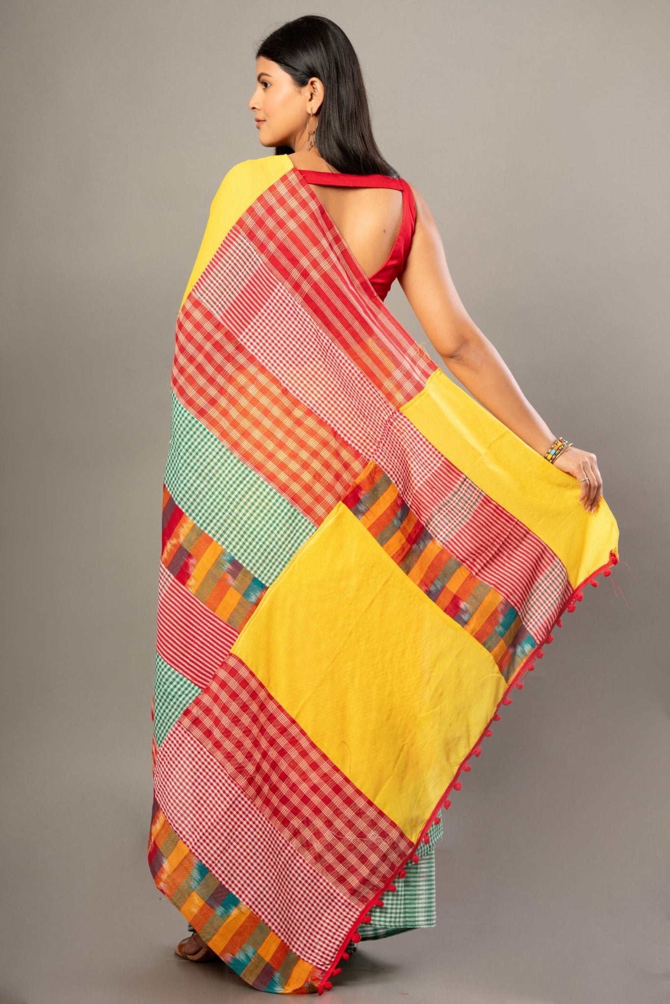 Yellow Cotton Saree with Red Multicolor Gamcha Checks - Anvi Couture