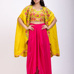 Yellow Draped Skirt And Crop Top Set With Long Shrug with Hand embroidered top full