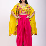 Yellow Draped Skirt And Crop Top Set With Long Shrug with Hand embroidered top full