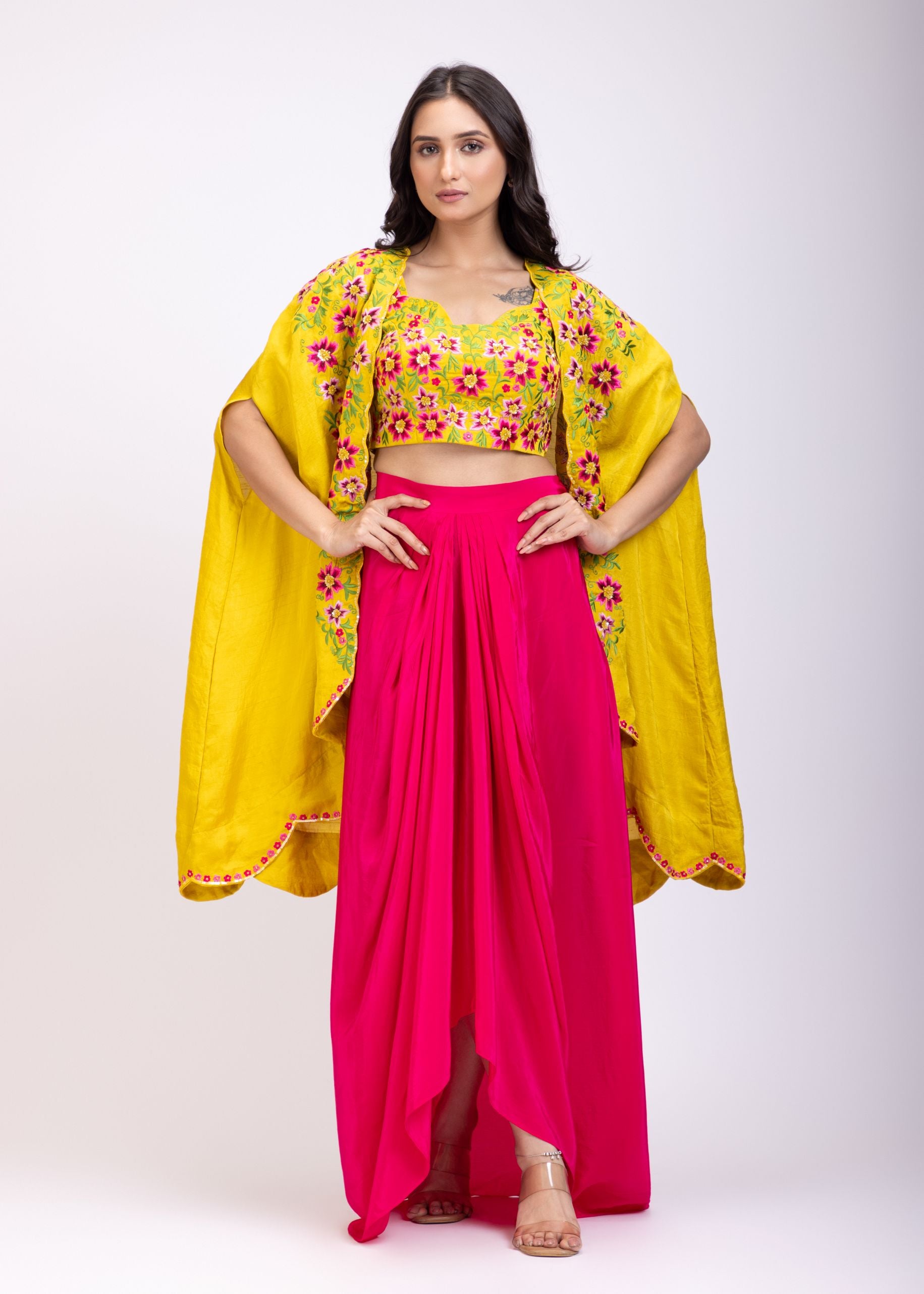 Yellow Draped Skirt And Crop Top Set With Long Shrug with Hand embroidered top full