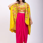 Yellow Draped Skirt And Crop Top Set With Long Shrug with Hand embroidered top front