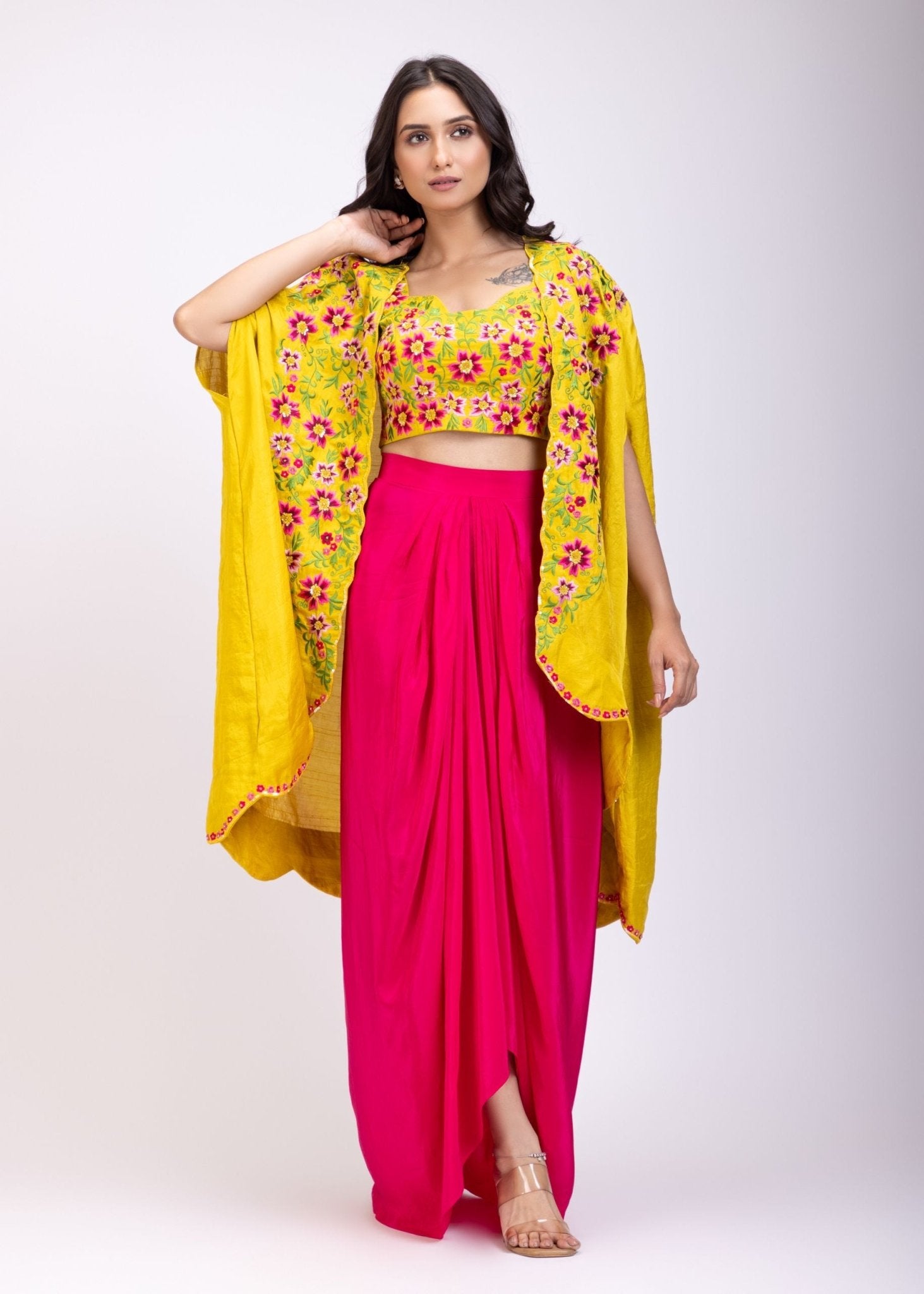 Yellow Draped Skirt And Crop Top Set With Long Shrug with Hand embroidered top - Anvi Couture