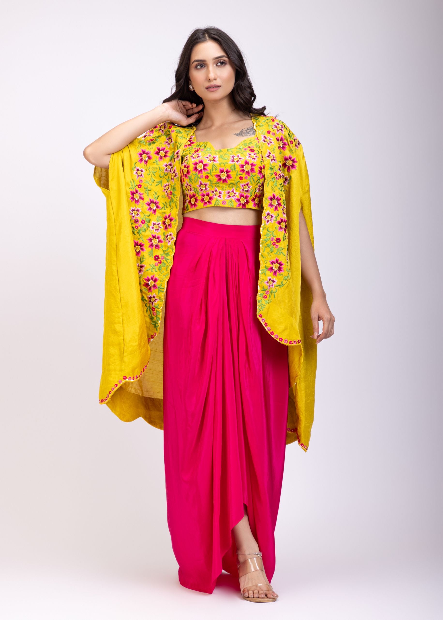 Yellow Draped Skirt And Crop Top Set With Long Shrug with Hand embroidered top front