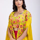 Yellow Draped Skirt And Crop Top Set With Long Shrug with Hand embroidered top close up