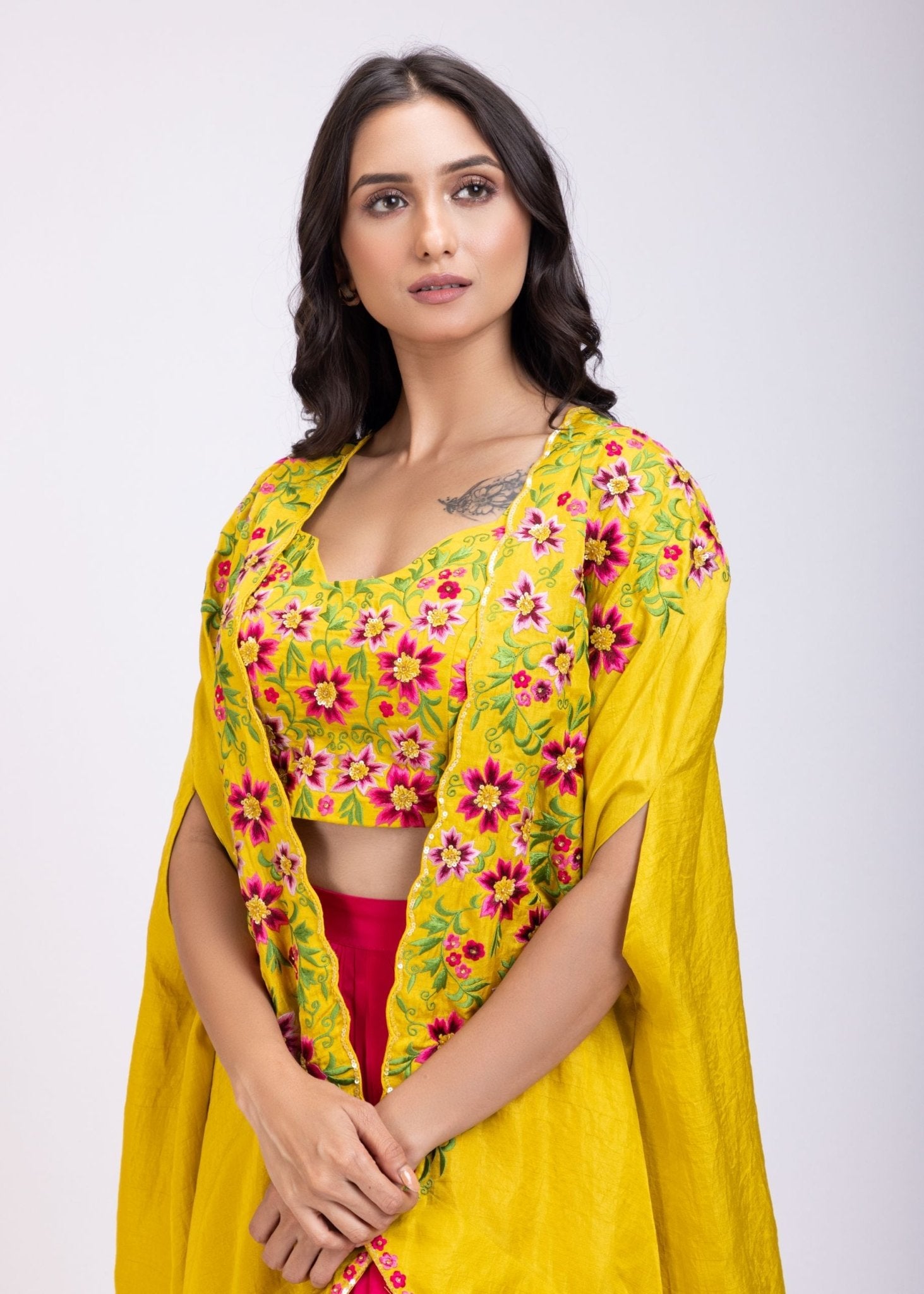 Yellow Draped Skirt And Crop Top Set With Long Shrug with Hand embroidered top - Anvi Couture