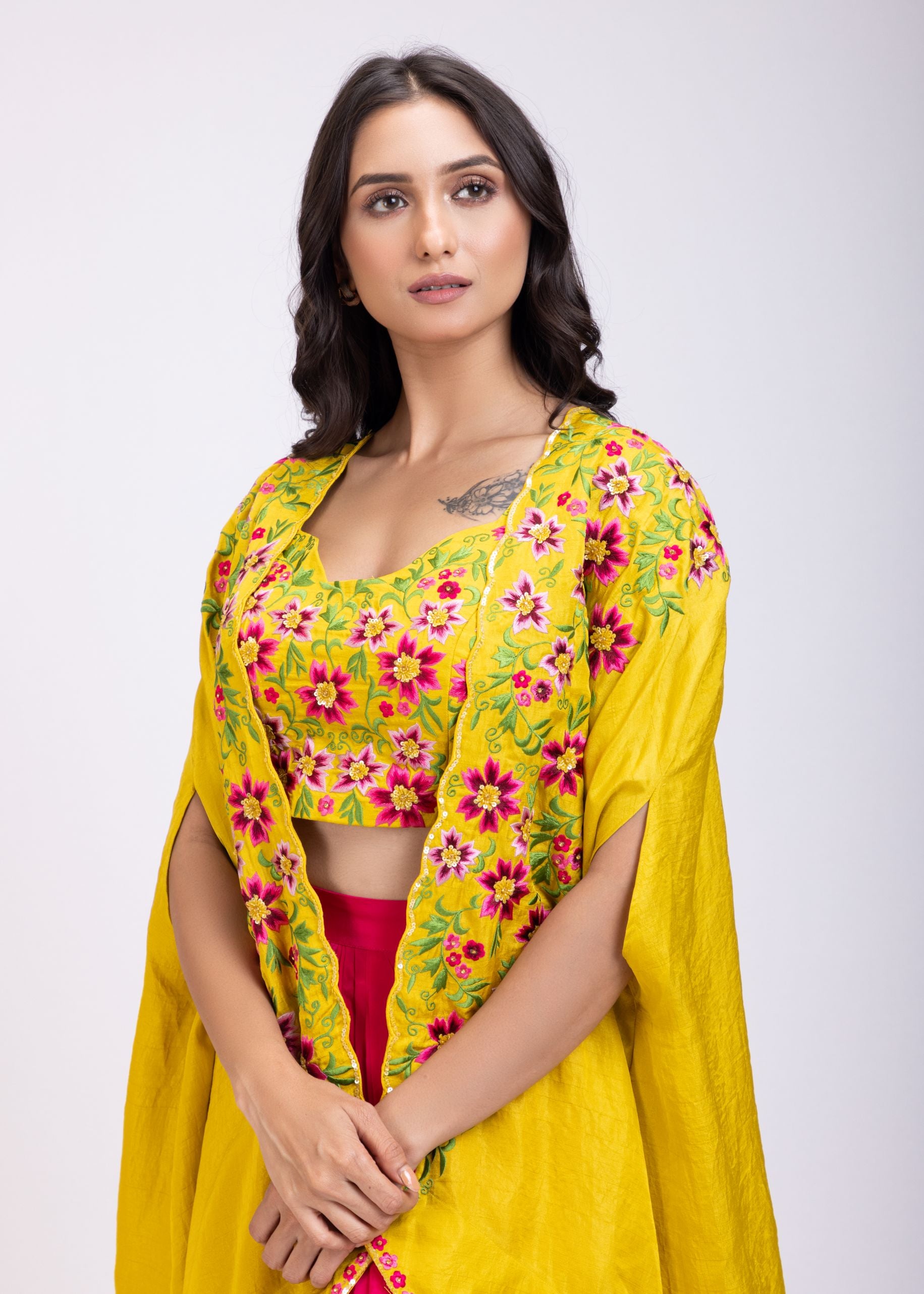 Yellow Draped Skirt And Crop Top Set With Long Shrug with Hand embroidered top close up