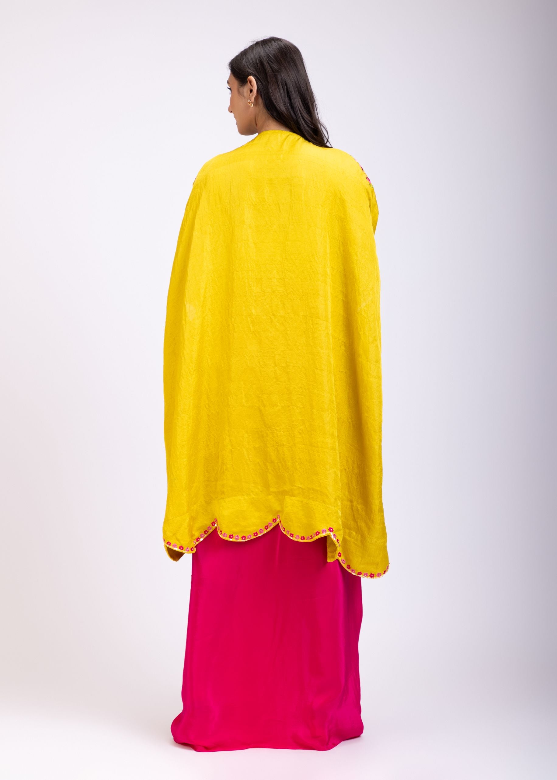 Yellow Draped Skirt And Crop Top Set With Long Shrug with Hand embroidered top back