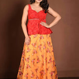 Yellow Floral Lehenga with Contrasting Red Peplum Choli - Anvi Couture