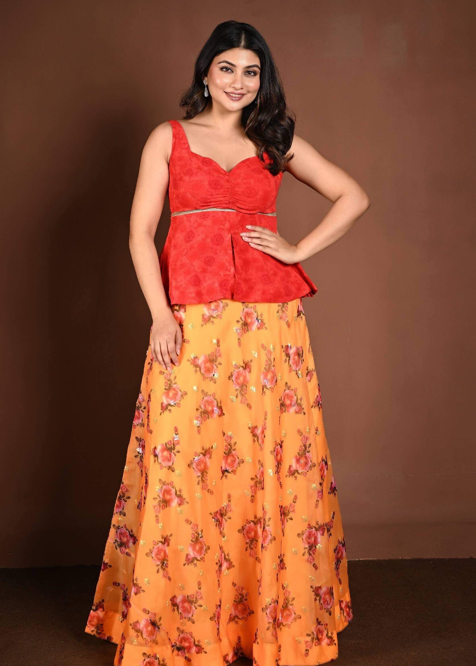 Yellow Floral Lehenga with Contrasting Red Peplum Choli - Anvi Couture