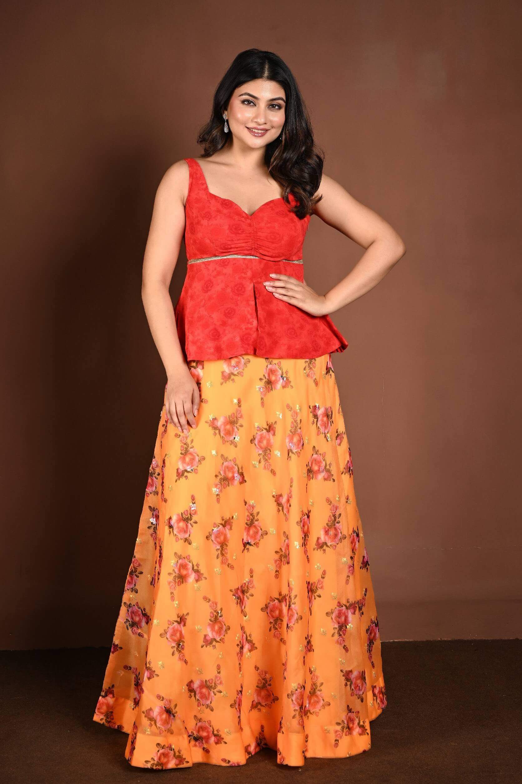 Yellow Floral Lehenga with Contrasting Red Peplum Choli - Anvi Couture