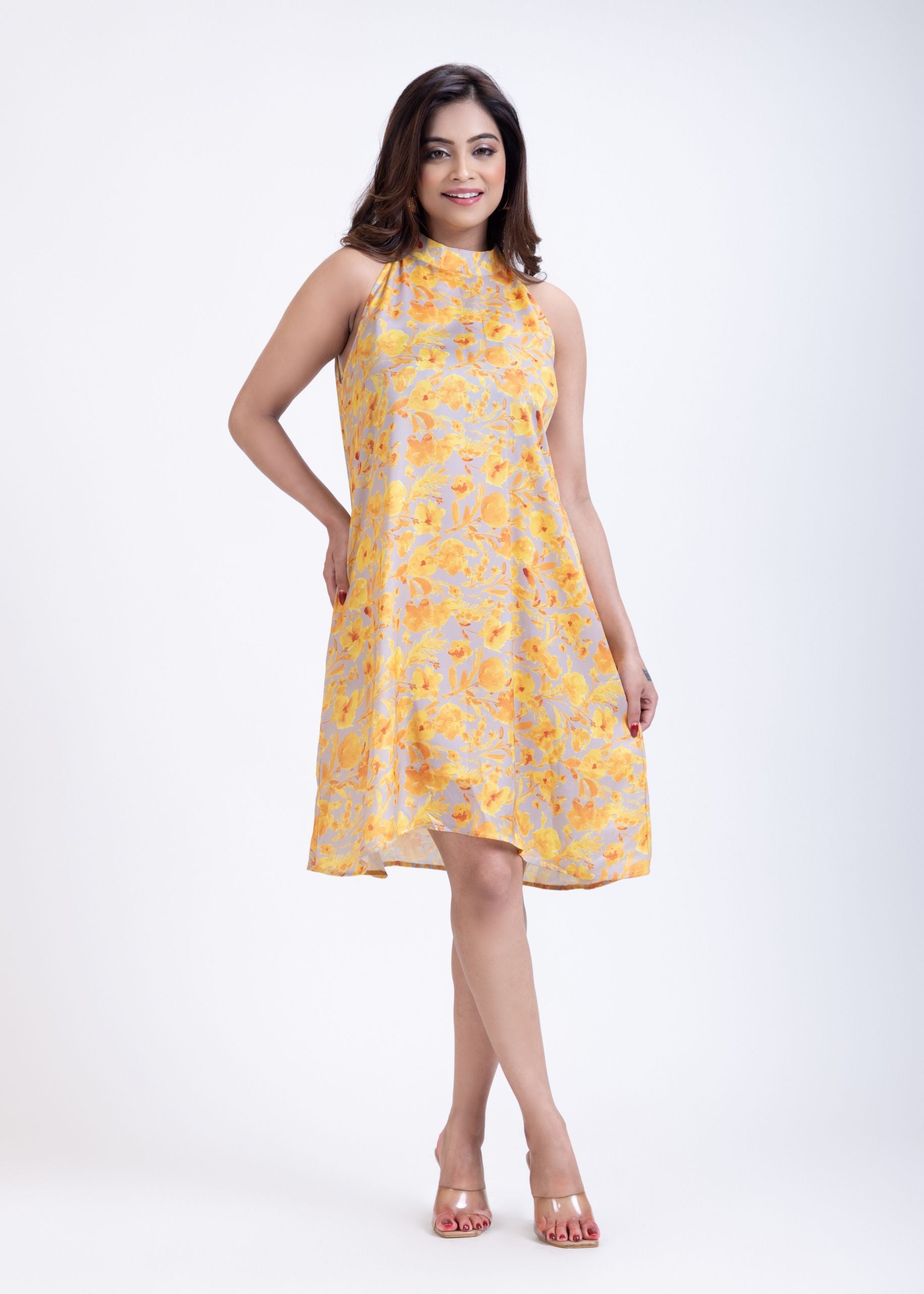 Yellow Floral Printed Halter Neck Short Dress full