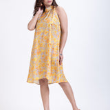 Yellow Floral Printed Halter Neck Short Dress front