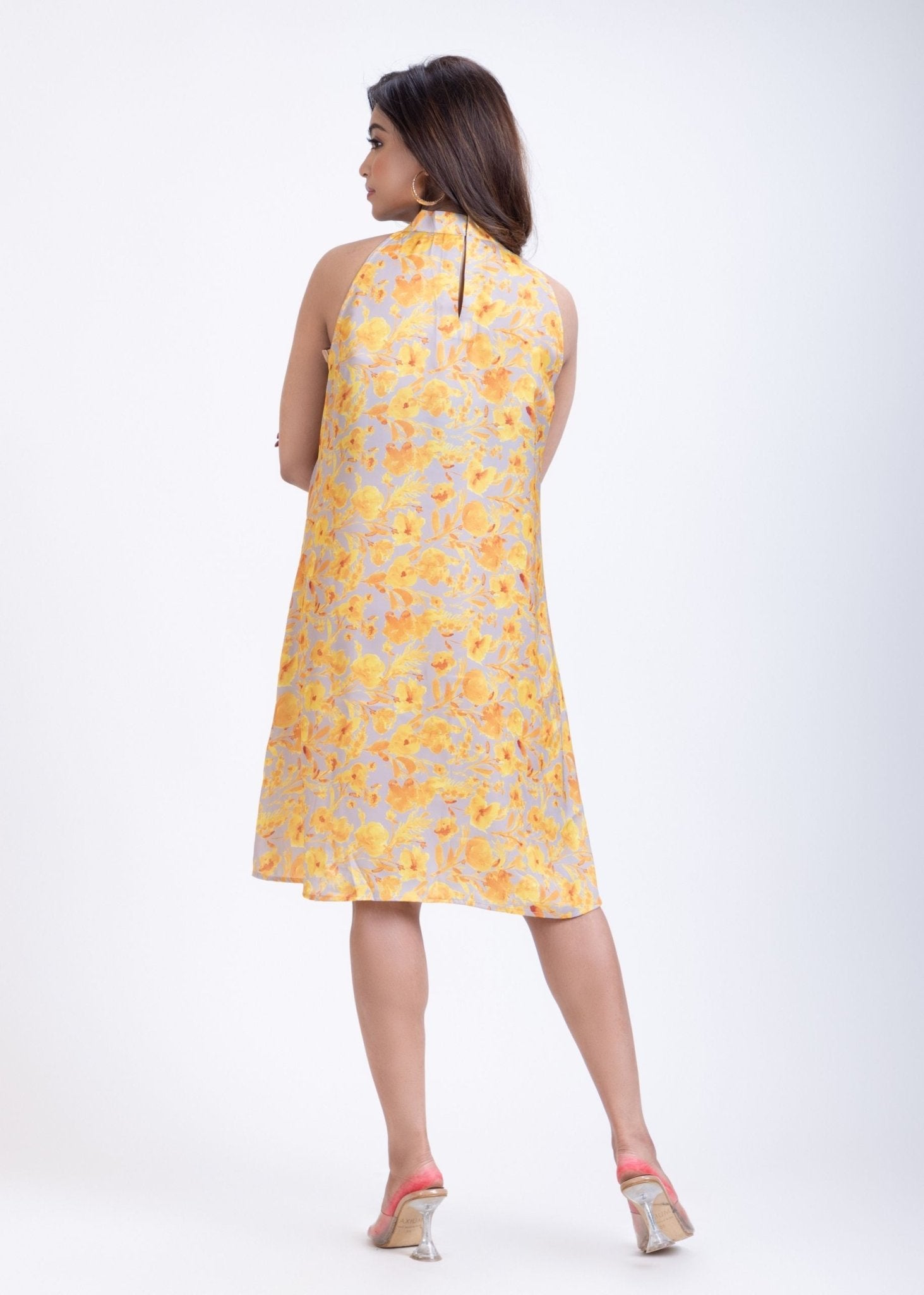 Yellow Floral Printed Halter Neck Short Dress - Anvi Couture