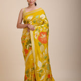 Yellow Floral Woven Silk Saree Full
