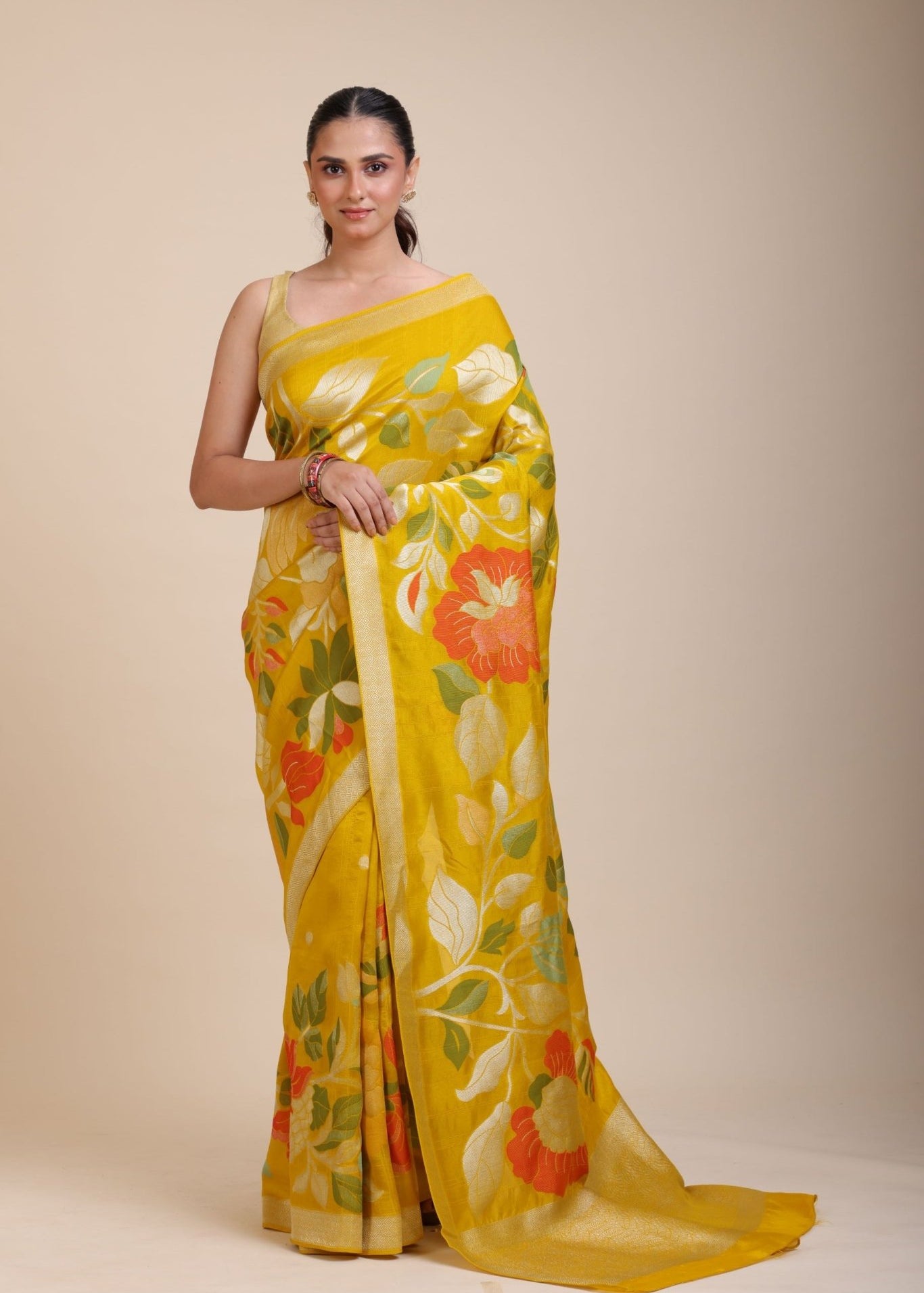 Yellow Floral Woven Silk Saree - Anvi Couture