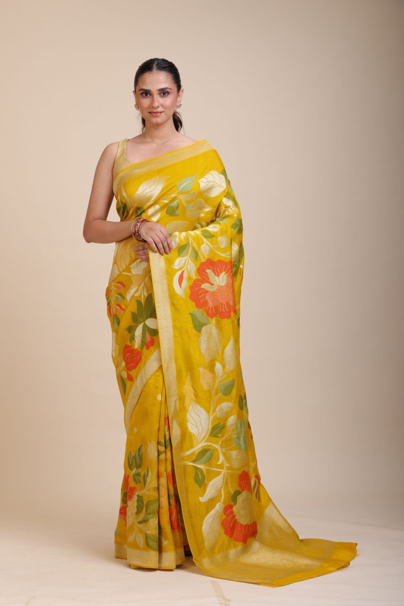 Yellow Floral Woven Silk Saree - Anvi Couture