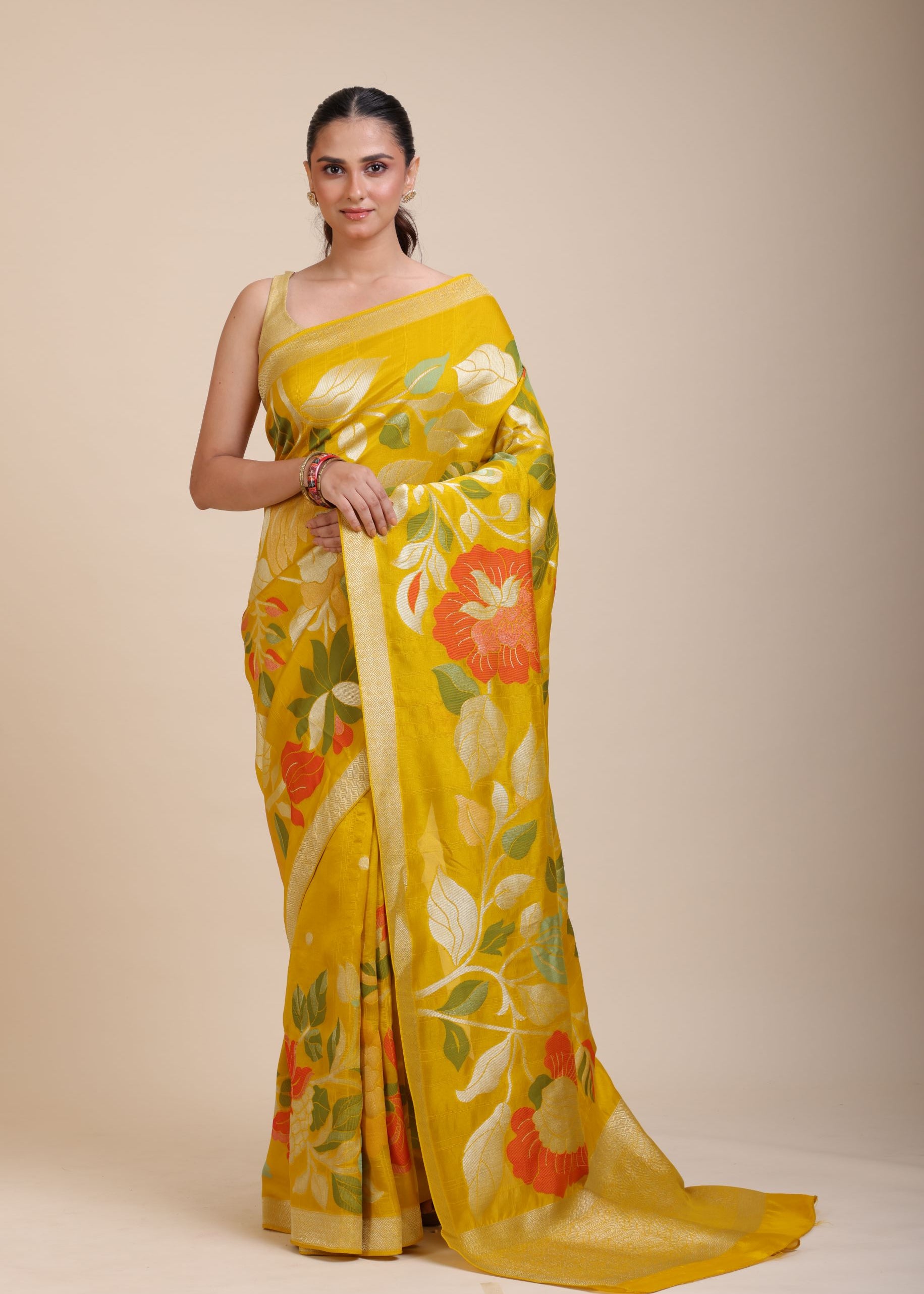 Yellow Floral Woven Silk Saree Full
