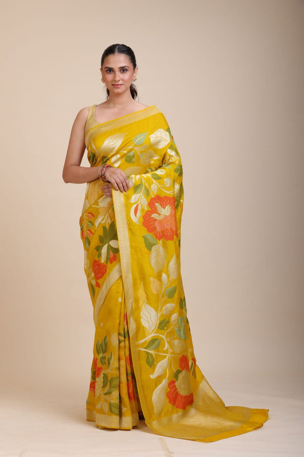 Yellow Floral Woven Silk Saree Full
