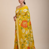 Yellow Floral Woven Silk Saree Front
